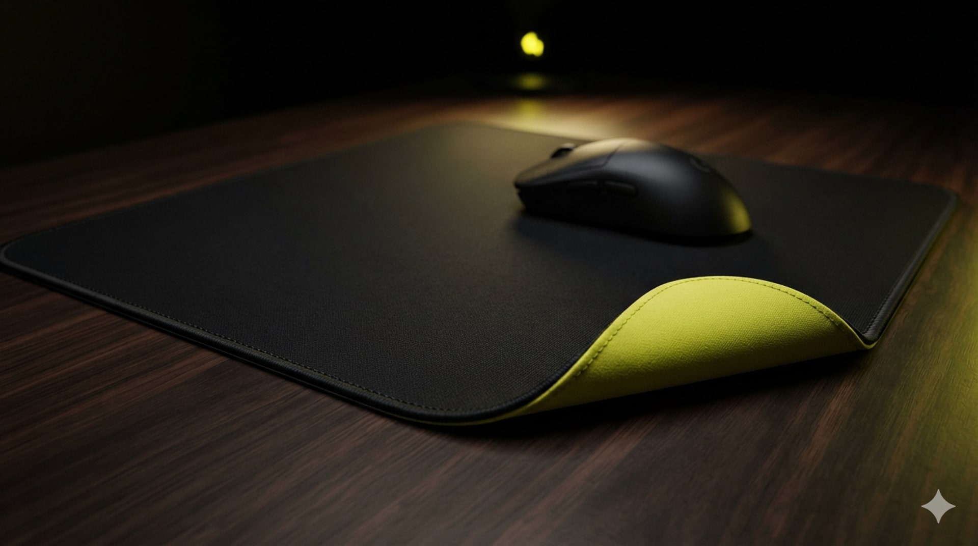 Iced Slate dual-sided desk pad — matte black control side with a gaming mouse and a bright yellow cooling side